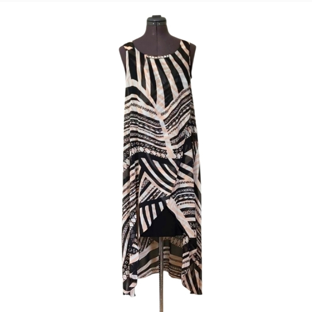 Joseph Ribkoff Black Cream Patterned High Low Dress Vacation